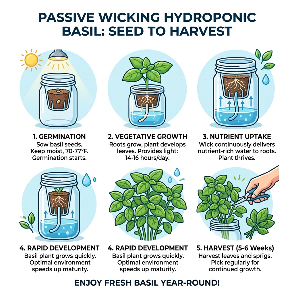 Passive wicking hydroponic process from seed to harvest in a mason jar setup - diy hydro basil kit infographic Passive wicking hydroponic process from seed to harvest in a mason jar setup - diy hydro basil kit infographic