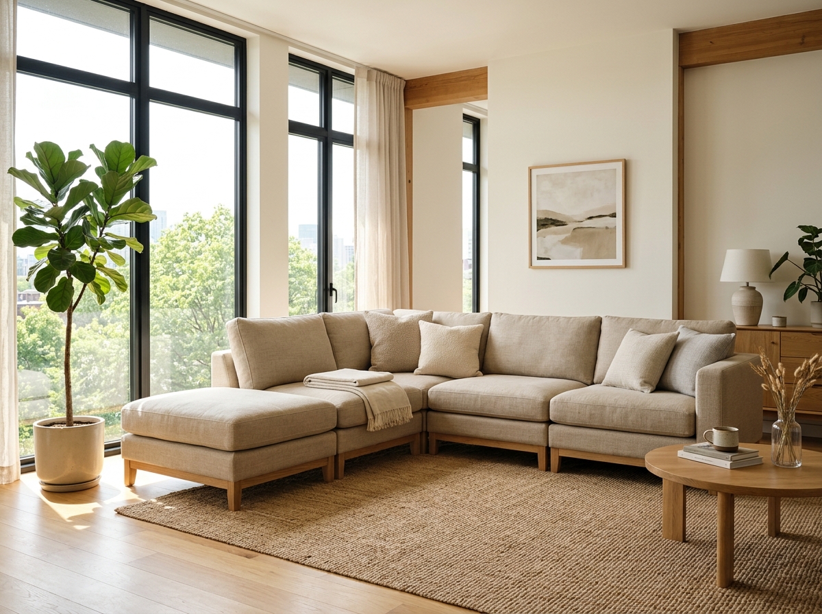 A modular sustainable sofa in a minimalist, sun-drenched apartment - eco friendly furniture brands