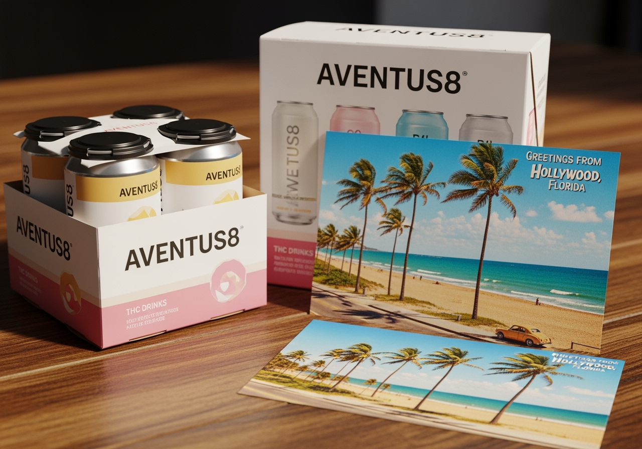 Aventus8 branded packaging with a Hollywood, FL postcard - top rated THC Aventus8 branded packaging with a Hollywood, FL postcard - top rated THC