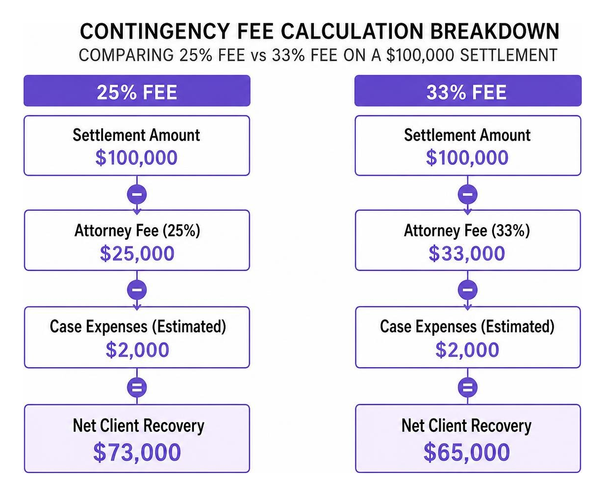 Contingency fee calculation breakdown comparing a 25 percent fee to a 33 percent fee on a settlement