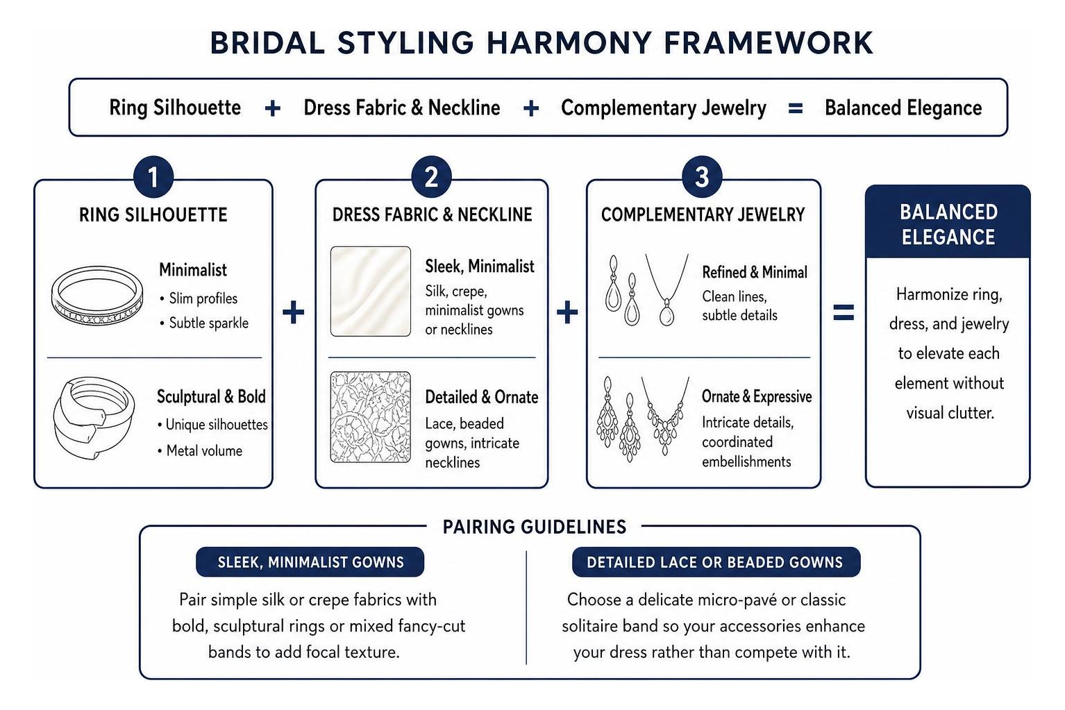 Framework for styling bridal jewelry harmoniously with dress fabrics and ring designs Framework for styling bridal jewelry harmoniously with dress fabrics and ring designs