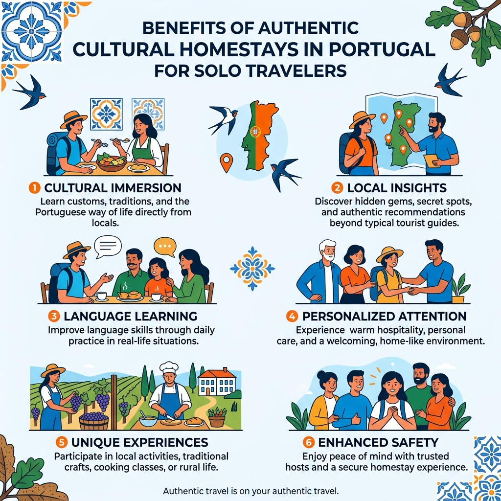 Benefits of authentic cultural homestays in Portugal for solo travelers infographic - authentic cultural homestays portugal