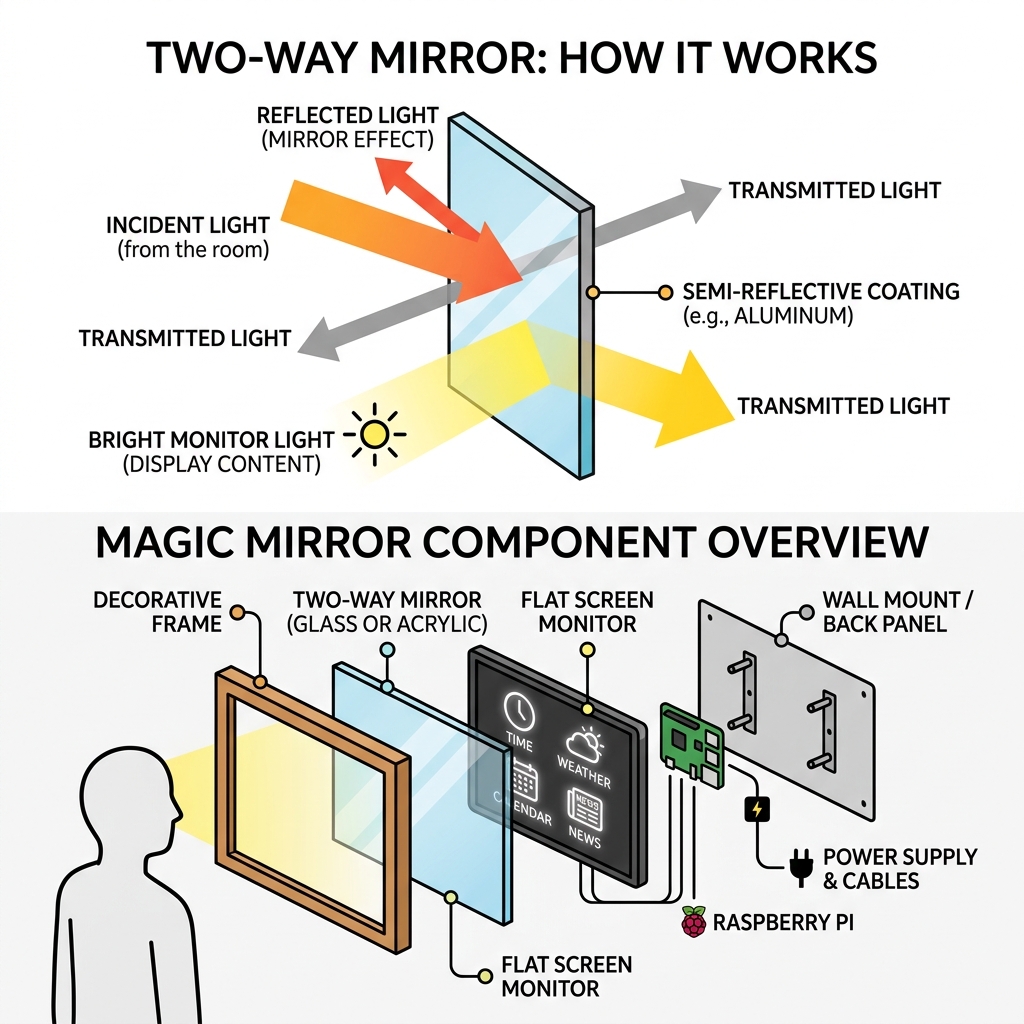 Infographic showing two-way mirror light transmission and magic mirror component overview - build a magic mirror infographic 