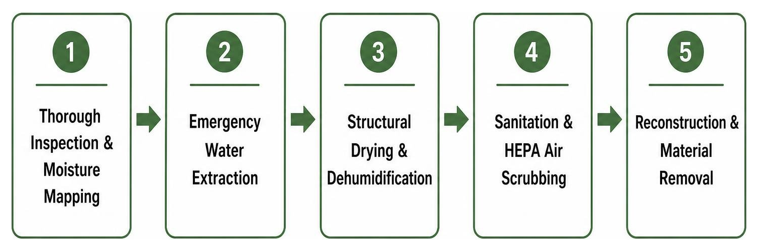 Diagram showing the 5-step professional water damage restoration workflow Diagram showing the 5-step professional water damage restoration workflow