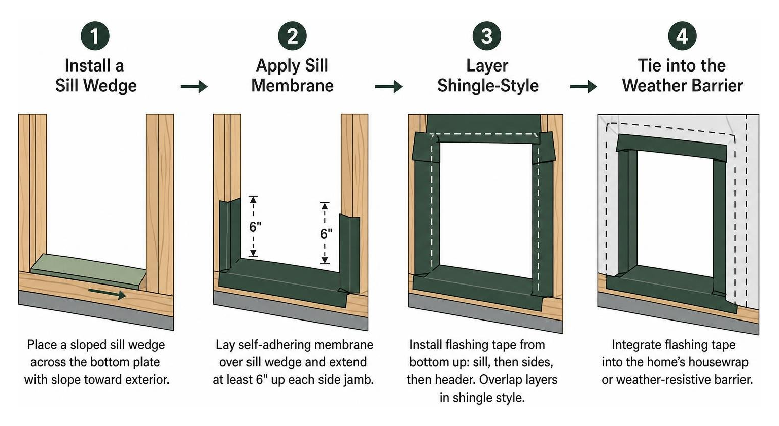Diagram showing step-by-step sill flashing and self-adhering membrane tape application