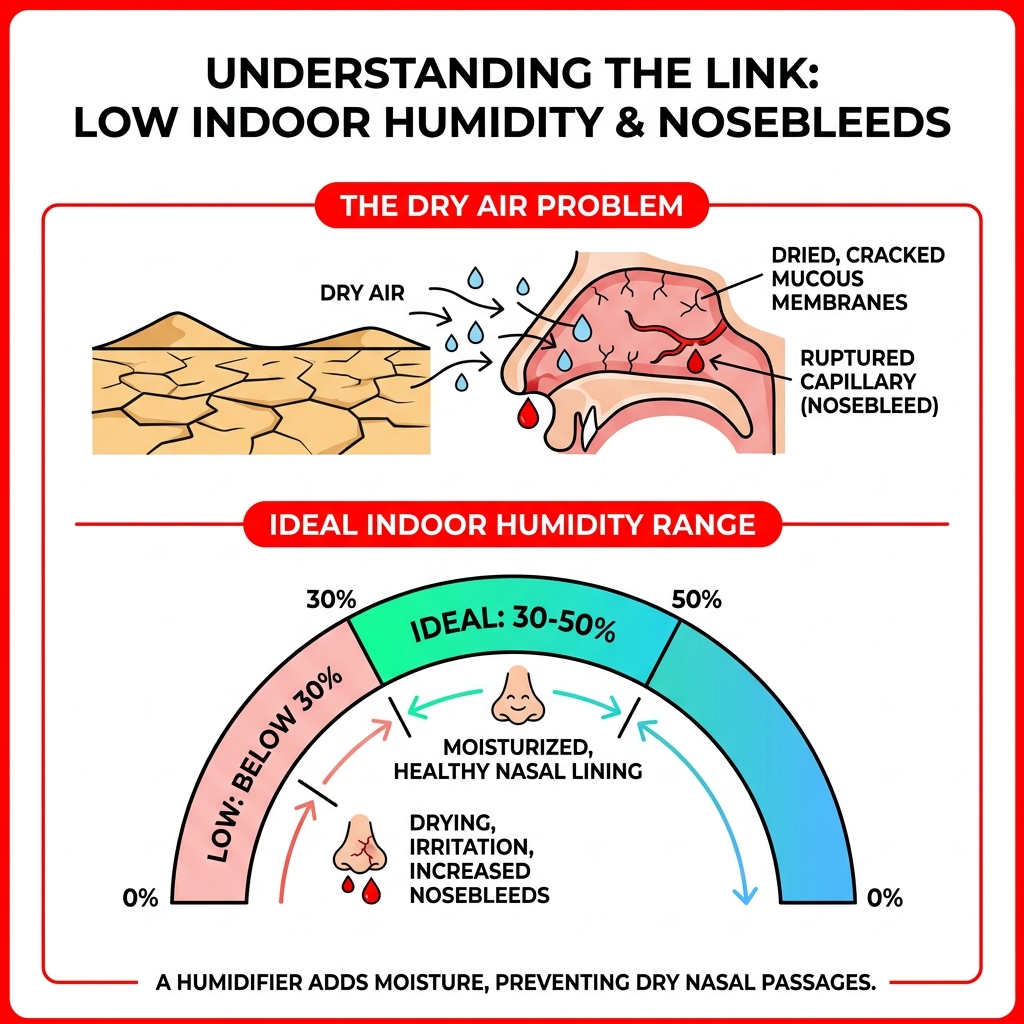 Infographic showing the link between low indoor humidity and nosebleeds, with the 30-50% ideal humidity range - humidifiers Infographic showing the link between low indoor humidity and nosebleeds, with the 30-50% ideal humidity range - humidifiers