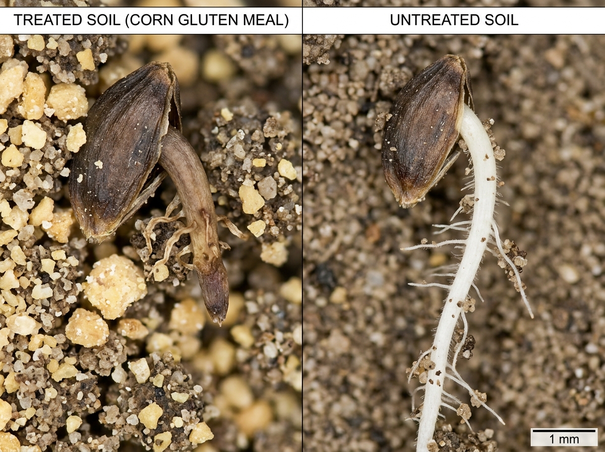 microscopic view of a weed seed failing to develop roots in soil treated with corn gluten natural pre emergent weed killer