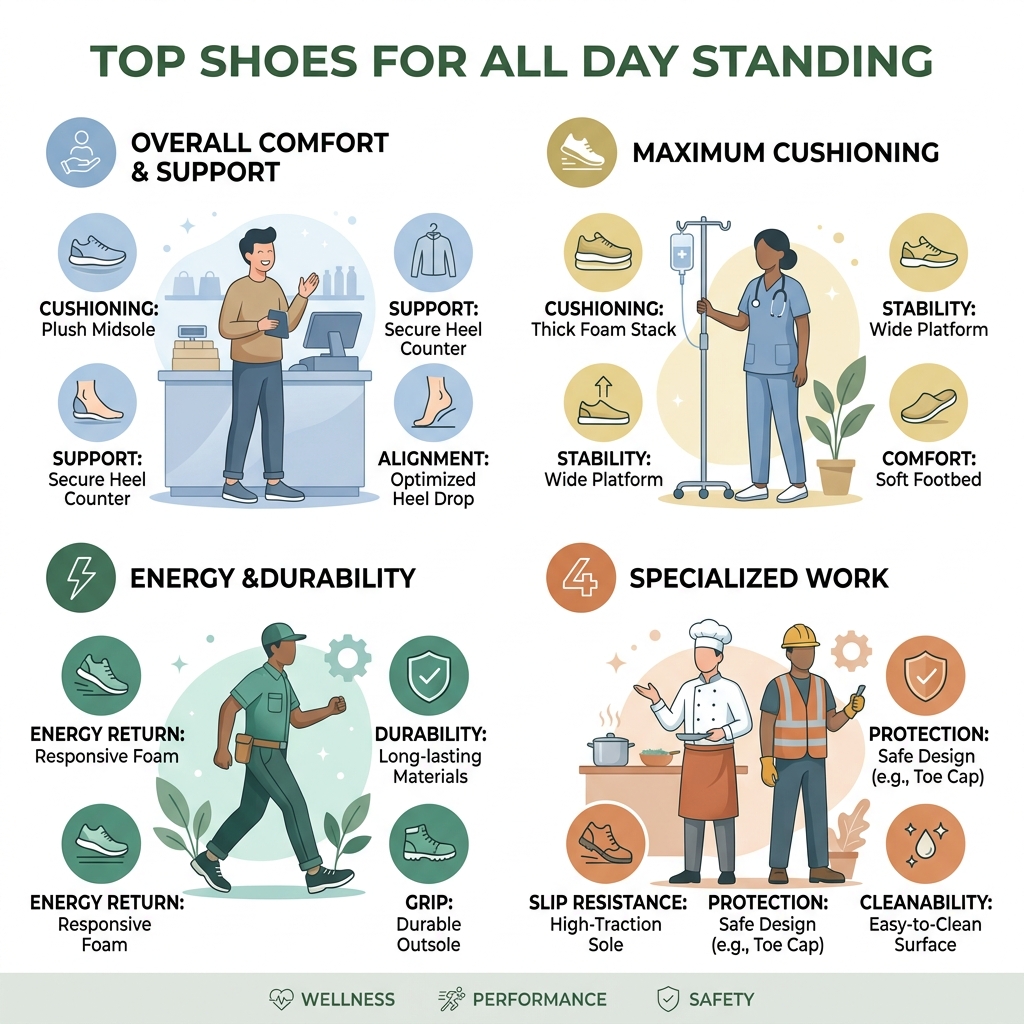 Infographic showing top shoes for all day standing with key features like cushioning, heel drop, and slip resistance - best