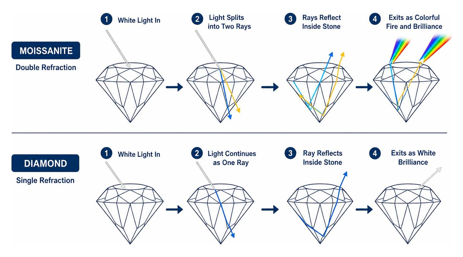 Light path comparison between moissanite double refraction and diamond single refraction Light path comparison between moissanite double refraction and diamond single refraction
