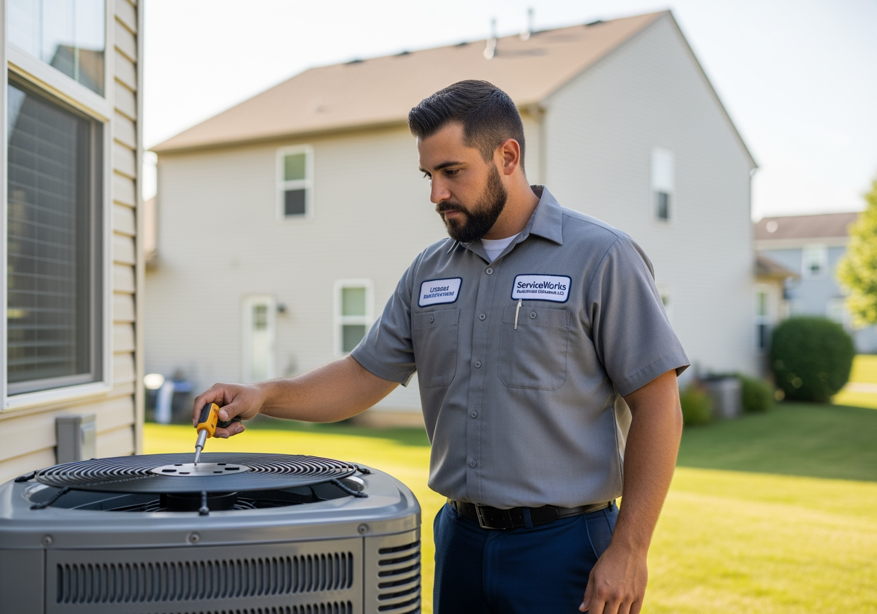 licensed technician inspecting an outdoor condenser