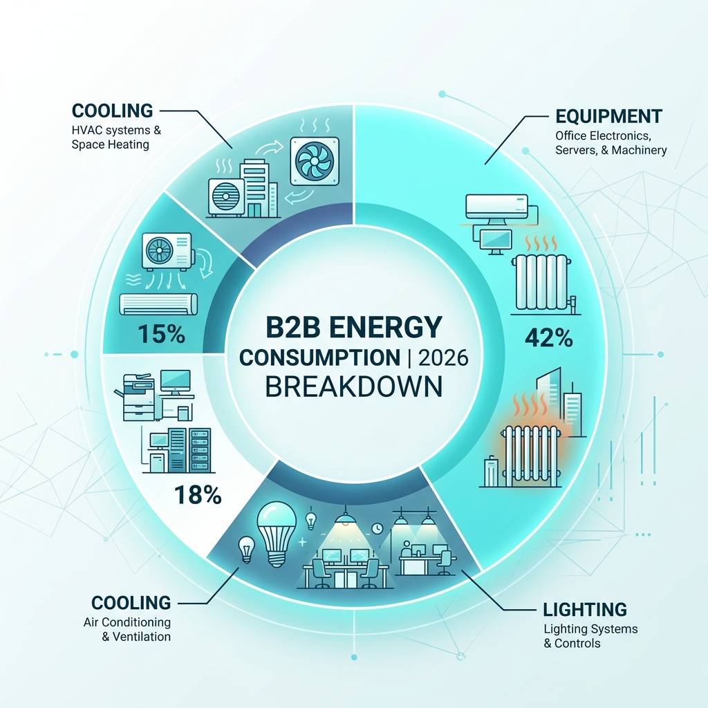 Breakdown of B2B energy consumption in 2026, showing heating, cooling, lighting, and equipment as main categories