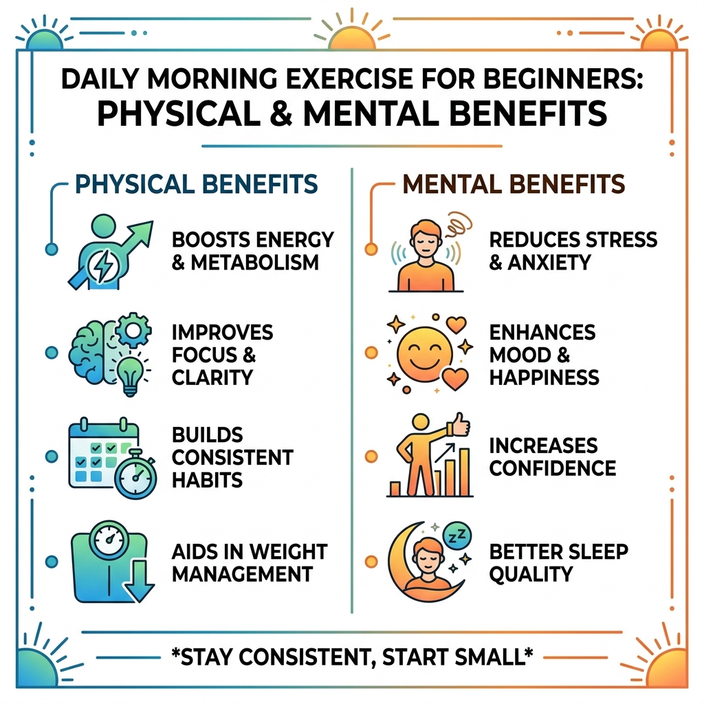 Physical and mental benefits of daily morning exercise for beginners infographic - daily morning exercise for beginners