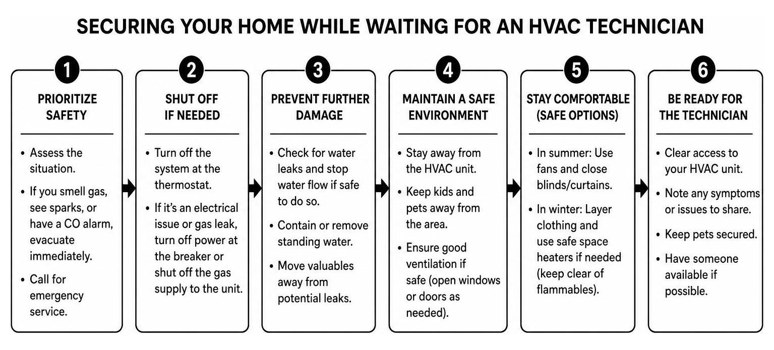 Diagram showing the step-by-step process of securing your home while waiting for an HVAC technician
