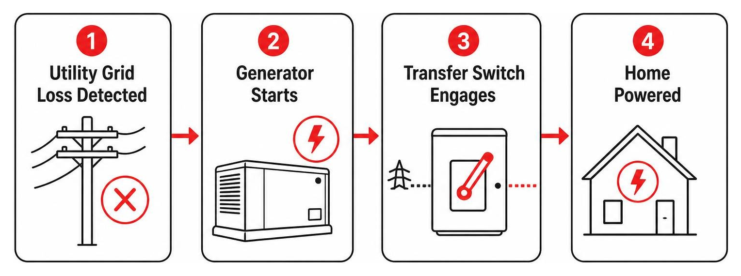 Standby generator sequence: utility grid loss detected, generator starts, transfer switch engages, home powered Standby generator sequence: utility grid loss detected, generator starts, transfer switch engages, home powered