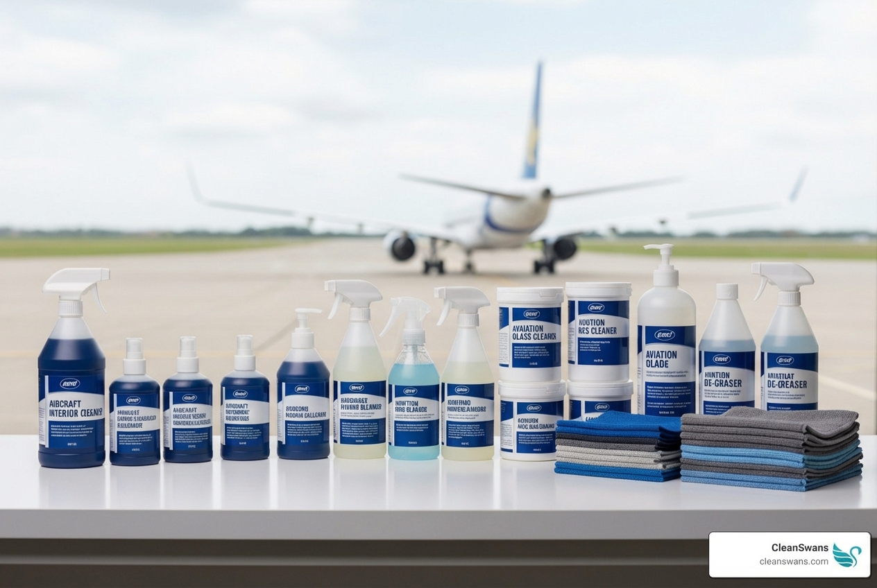 aviation-approved cleaning products lined up - private jet detailing
