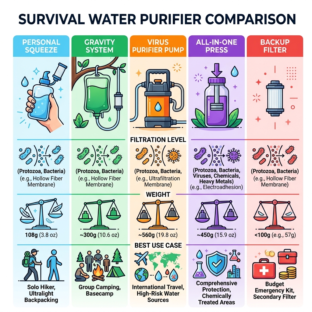 comparison infographic of survival water purifier types showing filtration level, weight, and best use case - best survival comparison infographic of survival water purifier types showing filtration level, weight, and best use case - best survival