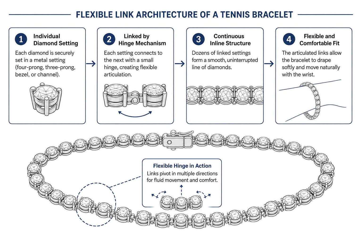 Flexible link architecture of a tennis bracelet Flexible link architecture of a tennis bracelet