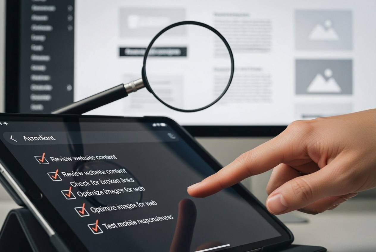 A person's hand pointing at a checklist on a tablet, with a magnifying glass hovering over a computer screen in the background, symbolizing careful selection and scrutiny of a web design partner. - website design austin texas