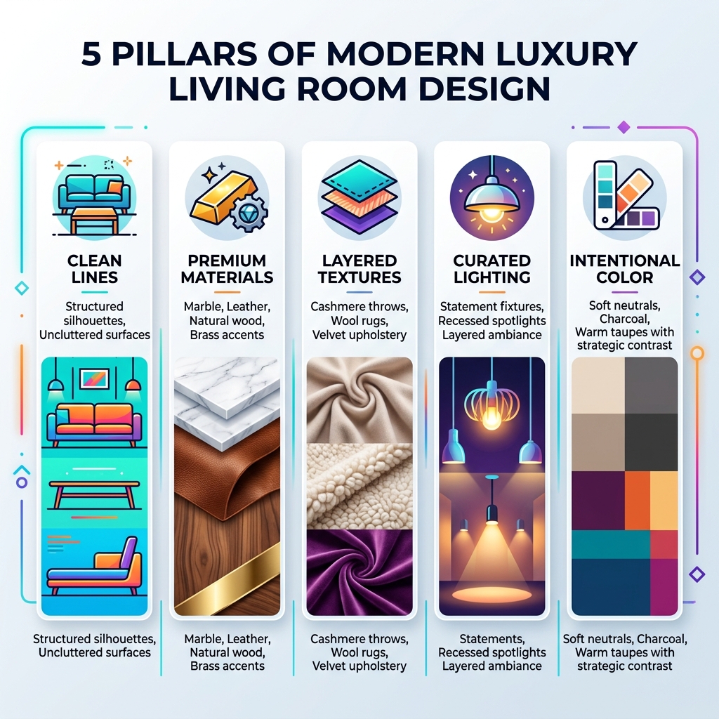 5 pillars of modern luxury living room design: clean lines, premium materials, layered textures, curated lighting