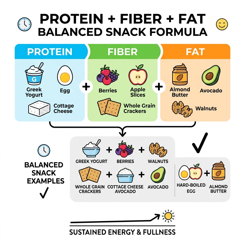 Protein + Fiber + Fat balanced snack formula infographic - balanced snacks ideas infographic Protein + Fiber + Fat balanced snack formula infographic - balanced snacks ideas infographic