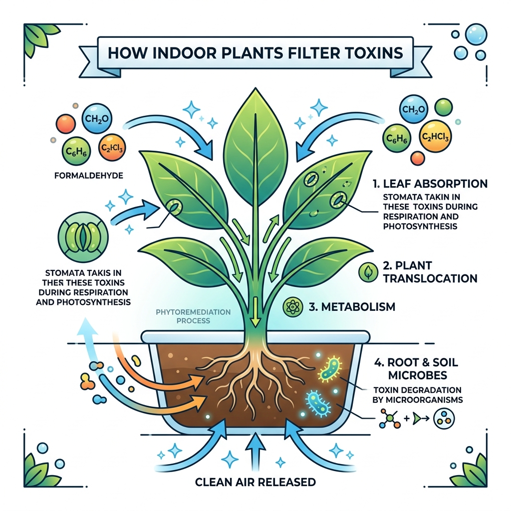 infographic showing how indoor plants filter toxins through leaves and roots into the soil - air purifying plants indoors infographic showing how indoor plants filter toxins through leaves and roots into the soil - air purifying plants indoors