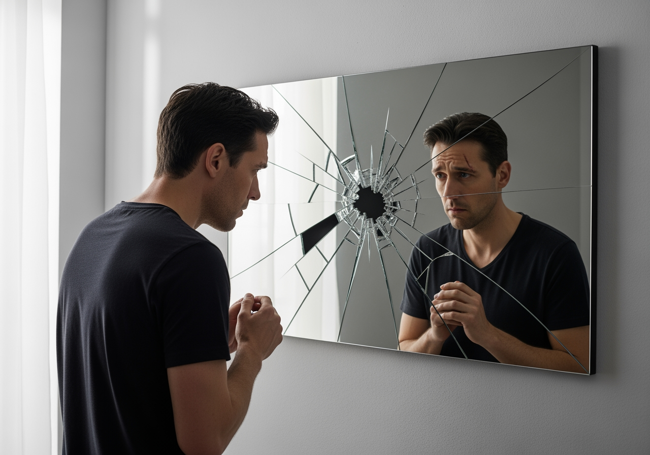 trauma therapy for men, man’s reflection in shattered mirror - trauma therapy for men
