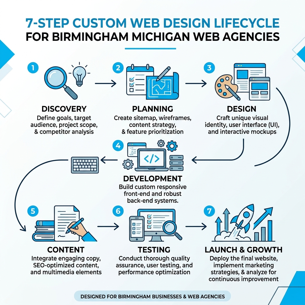 7-step custom web design lifecycle infographic for Birmingham Michigan web agencies - birmingham michigan web agency