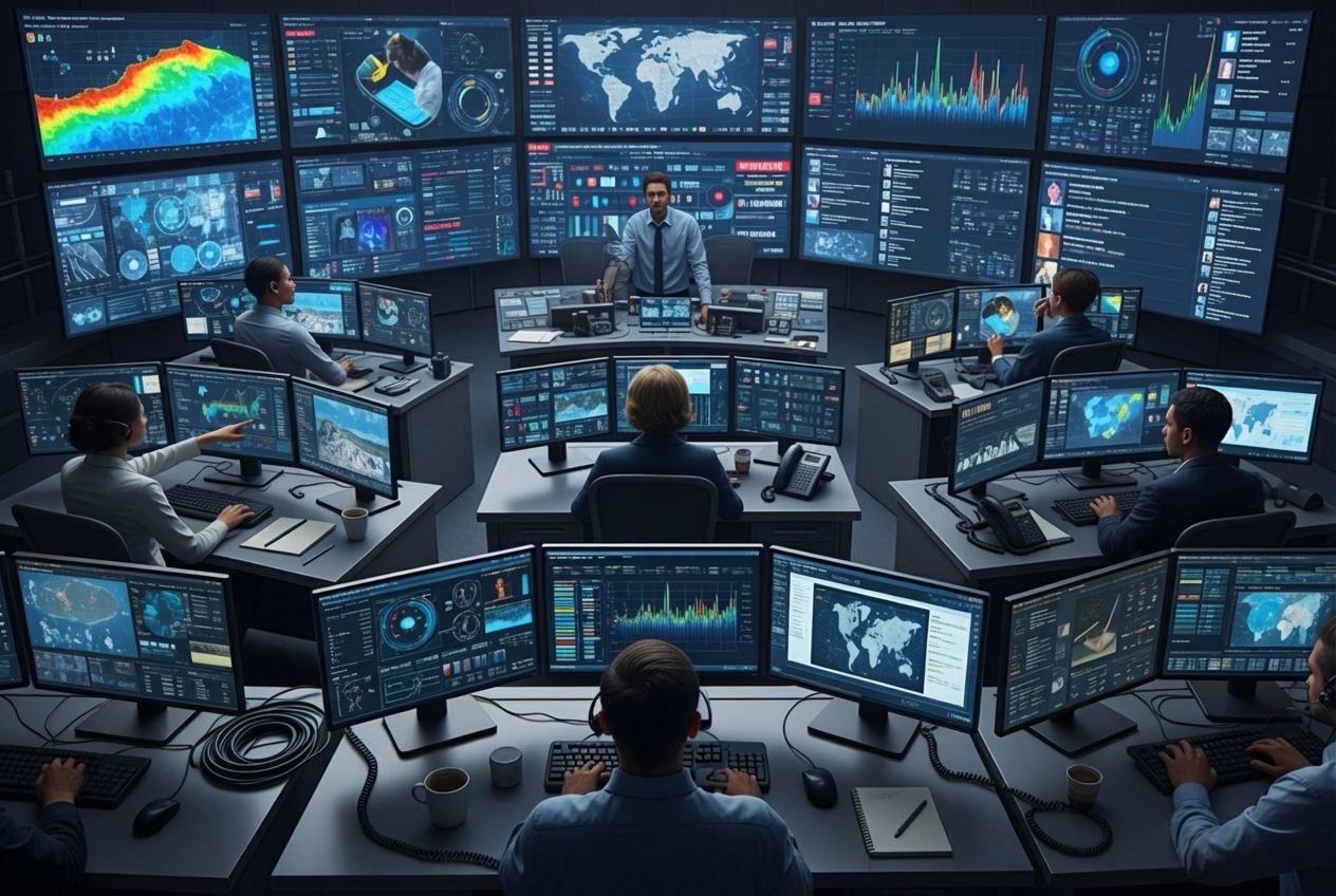 crisis command center with multiple screens showing data and social media feeds - Crisis SEO for PR Disasters