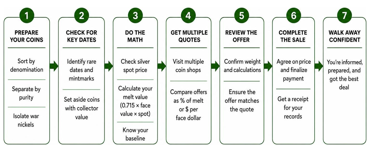 Diagram illustrating the step-by-step process of evaluating and selling junk silver to a coin shop Diagram illustrating the step-by-step process of evaluating and selling junk silver to a coin shop