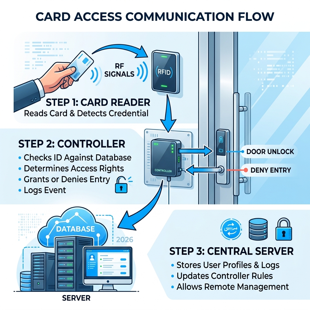 Card reader to controller to server communication flow infographic - card access systems infographic Card reader to controller to server communication flow infographic - card access systems infographic