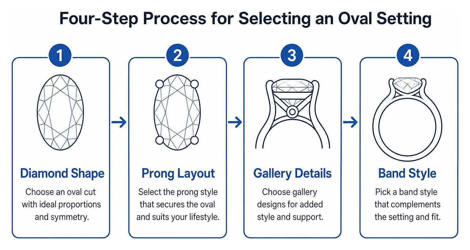 Four-step process for selecting an oval setting: diamond shape, prong layout, gallery details, band style Four-step process for selecting an oval setting: diamond shape, prong layout, gallery details, band style