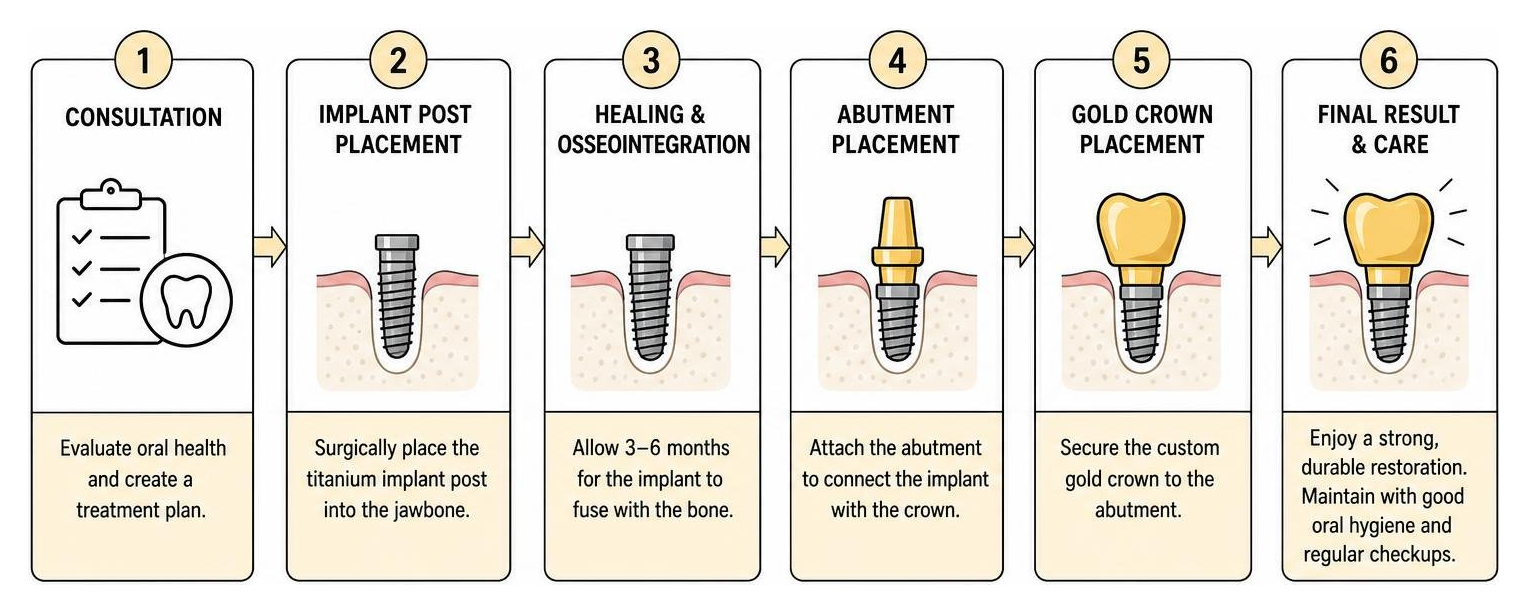 Step by step timeline for gold dental implant procedure from consultation to crown Step by step timeline for gold dental implant procedure from consultation to crown