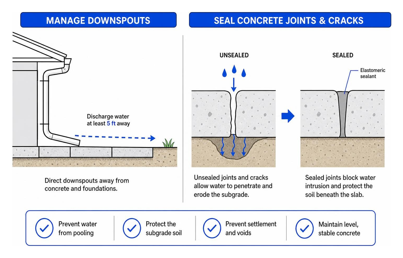 Preventative maintenance diagram showing downspouts and sealed concrete joints Preventative maintenance diagram showing downspouts and sealed concrete joints