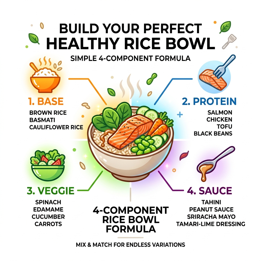 4-component rice bowl formula showing Base, Protein, Veggie, and Sauce with examples - healthy rice bowl recipes infographic 