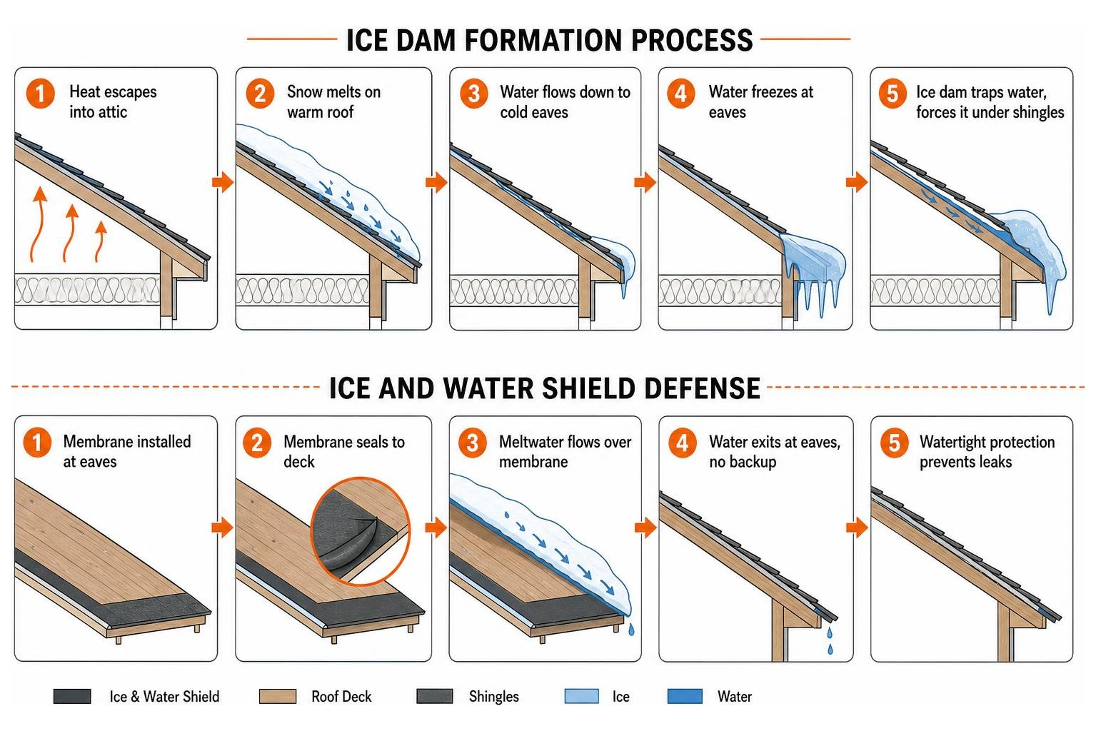 Ice dam formation process and ice and water shield defense