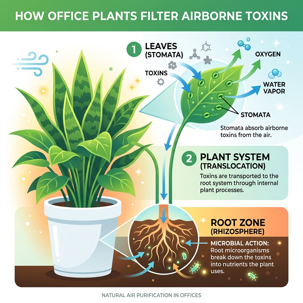 Infographic showing how office plants filter airborne toxins through leaves, stomata, and root zones - air purifier plants Infographic showing how office plants filter airborne toxins through leaves, stomata, and root zones - air purifier plants