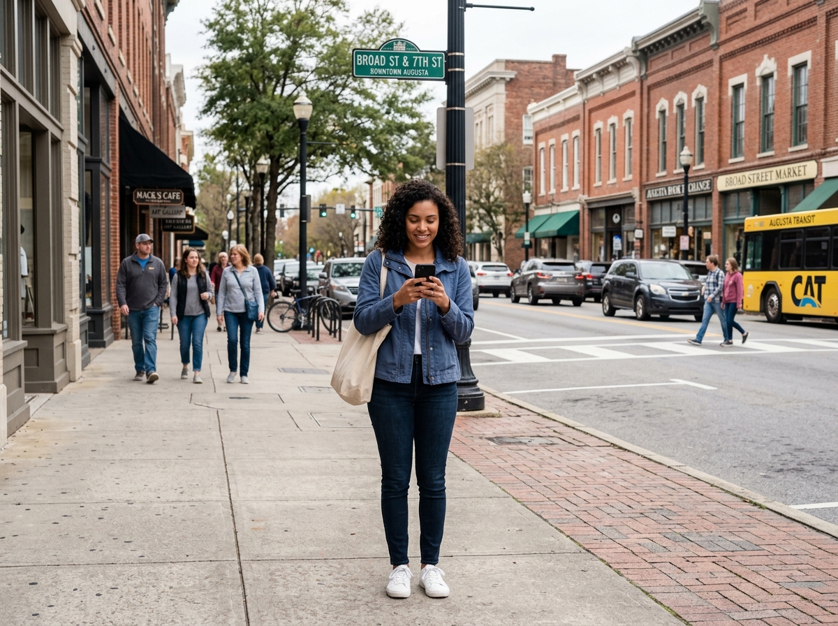 Customer in downtown Augusta using a smartphone to find local services - Augusta web design