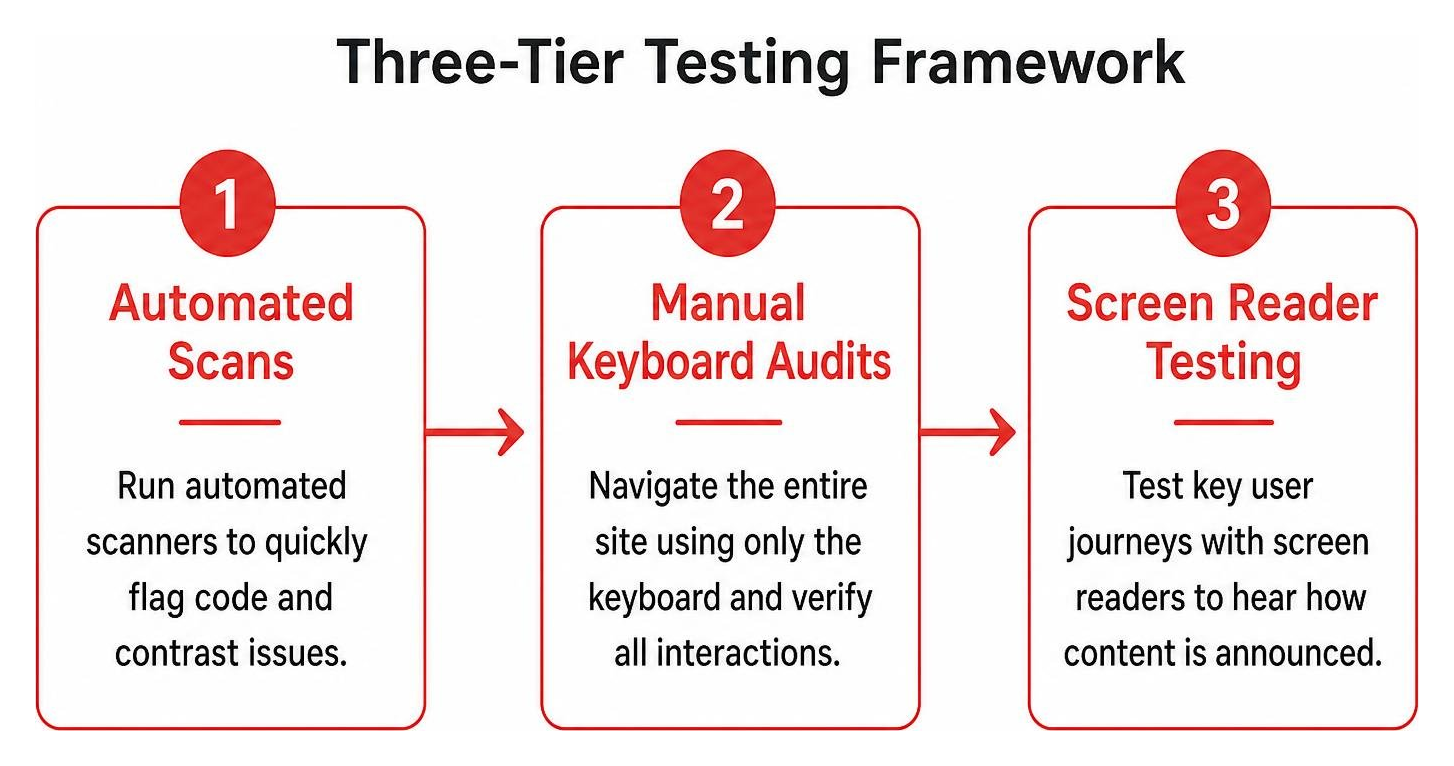 Three tier testing framework: automated scans, manual keyboard audits, and screen reader testing Three tier testing framework: automated scans, manual keyboard audits, and screen reader testing
