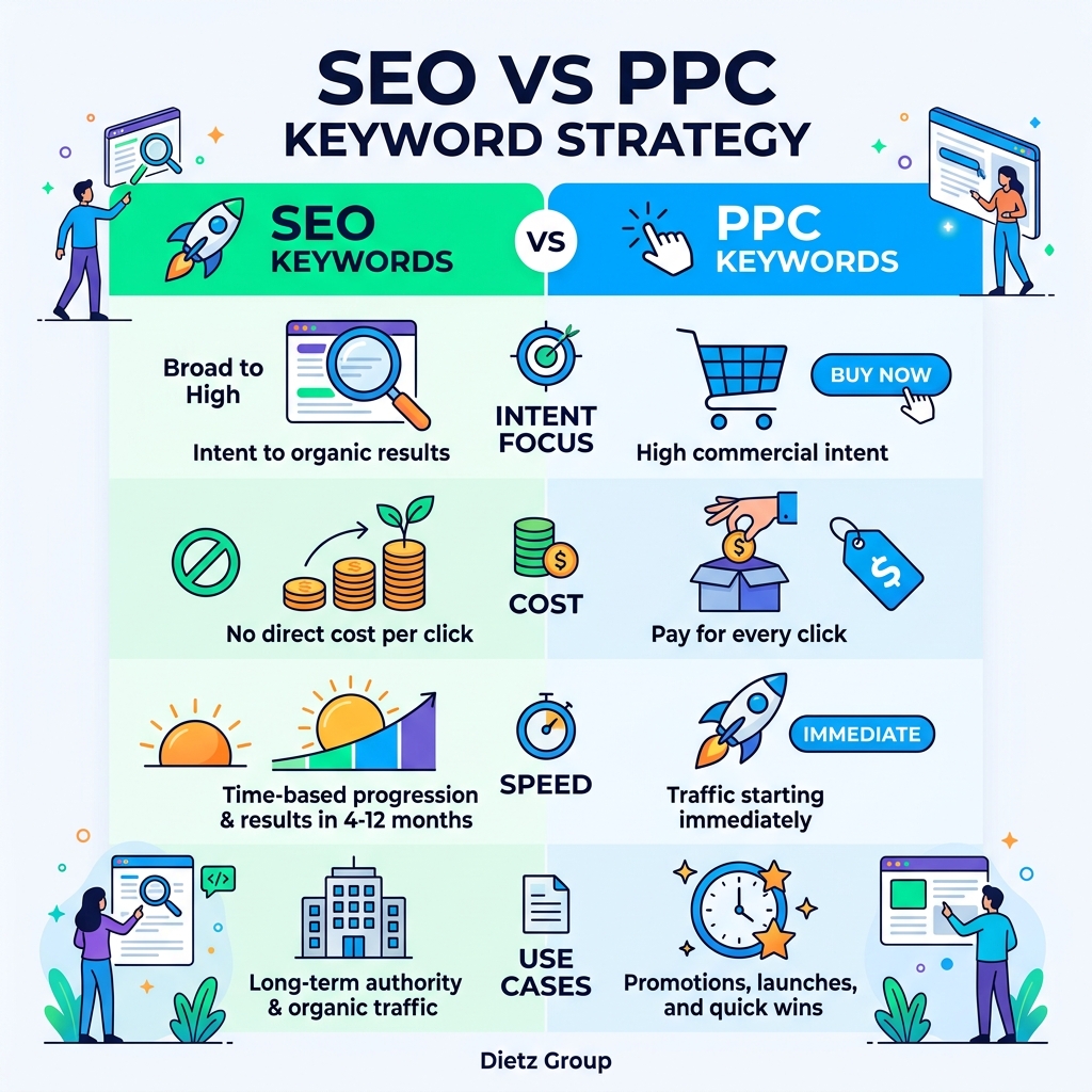 SEO vs PPC keyword strategy infographic comparing intent, cost, speed, and use cases - difference between seo and ppc