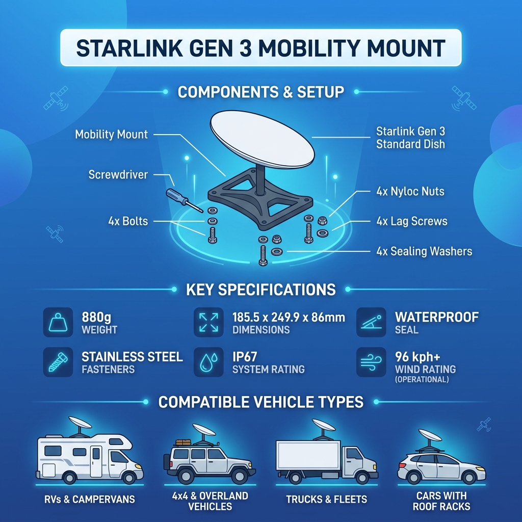 Infographic showing Starlink Gen 3 Mobility Mount components, specs, and compatible vehicle types for mobile internet