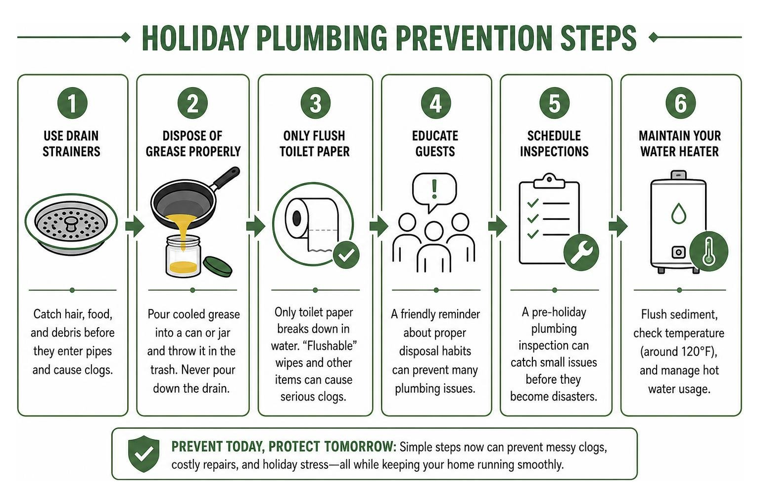 A diagram illustrating holiday plumbing prevention steps, including proper disposal and maintenance
