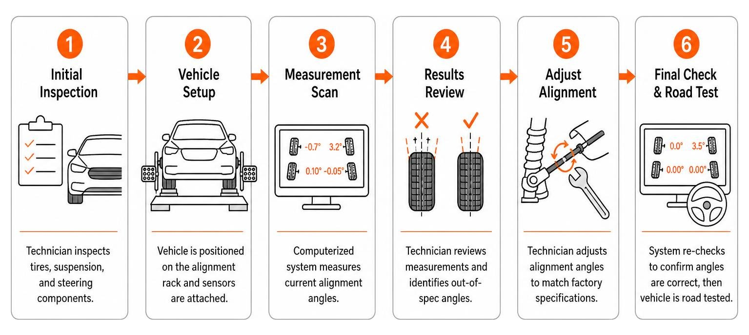 diagram of step-by-step professional wheel alignment process