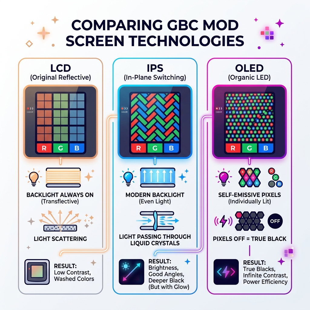 Infographic comparing LCD, IPS, and OLED pixel structures for Game Boy Color mods - best OLED for GBC infographic Infographic comparing LCD, IPS, and OLED pixel structures for Game Boy Color mods - best OLED for GBC infographic