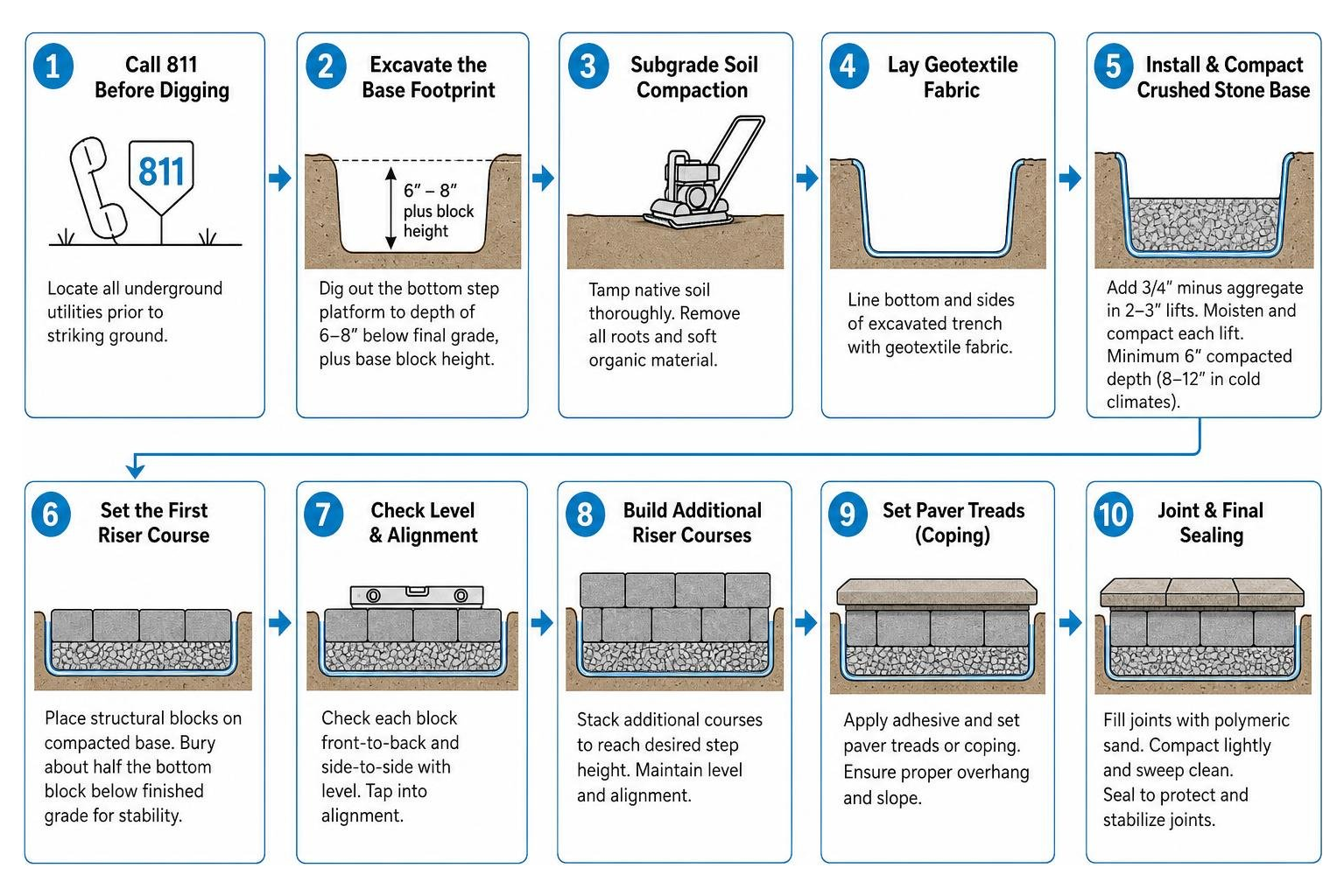 Step-by-step installation flow from base excavation to final sealing Step-by-step installation flow from base excavation to final sealing