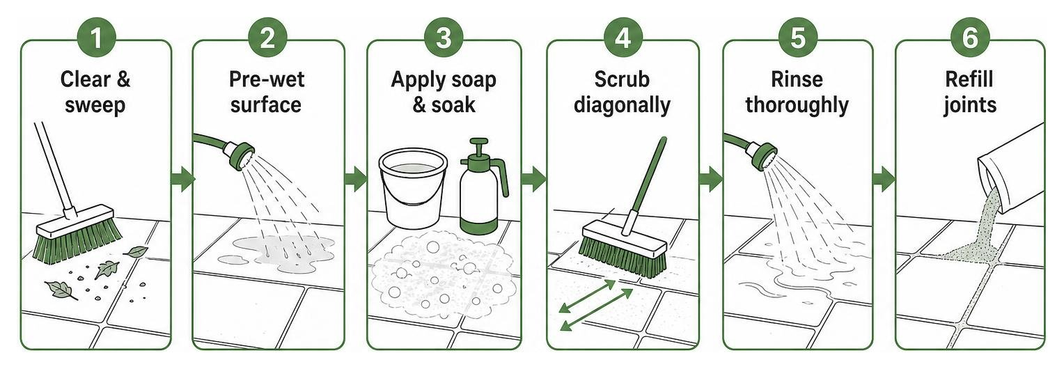 Step-by-step workflow: 1. Clear & sweep, 2. Pre-wet surface, 3. Apply soap & soak, 4. Scrub diagonally, 5. Rinse thoroughly Step-by-step workflow: 1. Clear & sweep, 2. Pre-wet surface, 3. Apply soap & soak, 4. Scrub diagonally, 5. Rinse thoroughly