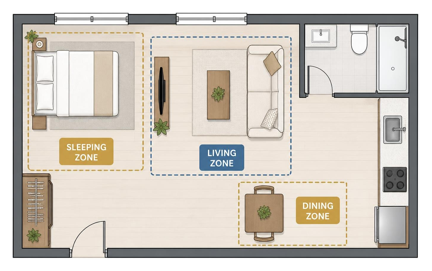 Diagram showing studio apartment layout zones: sleeping, living, and dining spaces