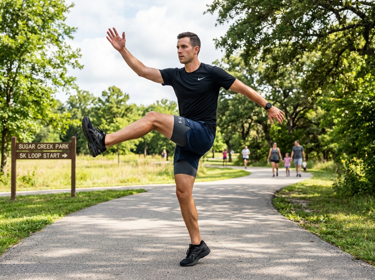 A runner performing dynamic stretches to prepare for a 5K training session - 5k training schedule for beginners