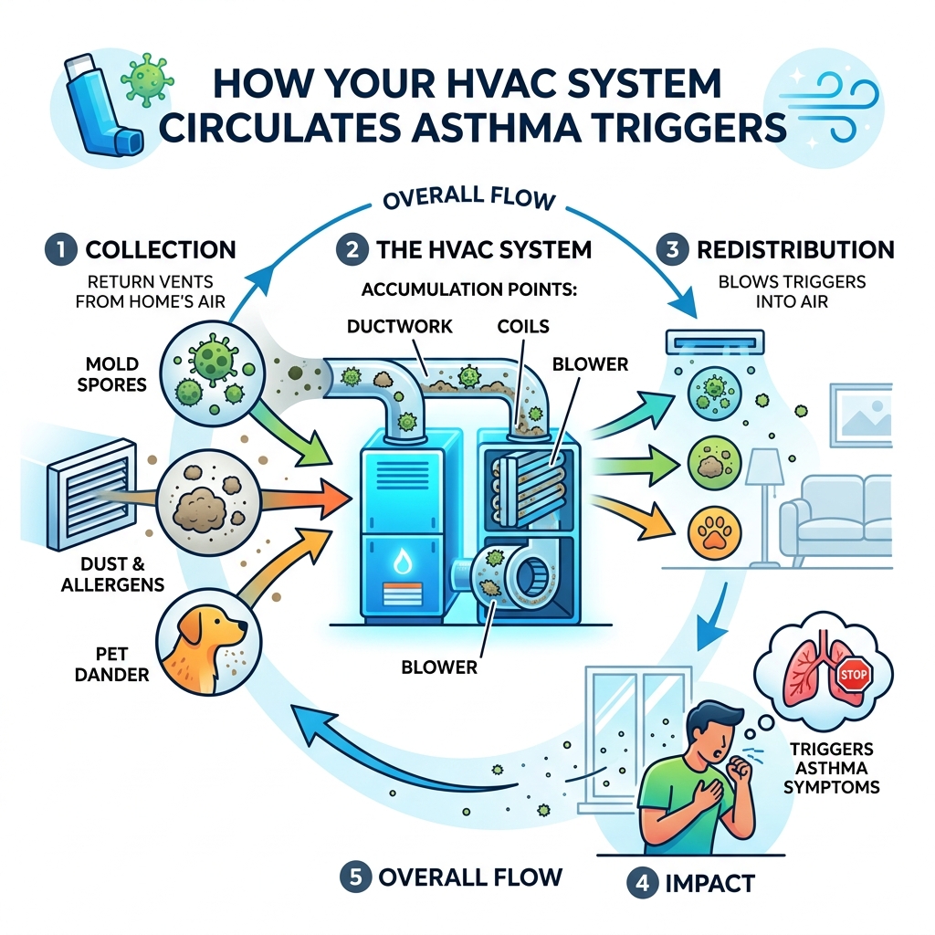 Infographic showing how HVAC systems collect and redistribute asthma triggers like mold, dust, and pet dander - sanitize Infographic showing how HVAC systems collect and redistribute asthma triggers like mold, dust, and pet dander - sanitize