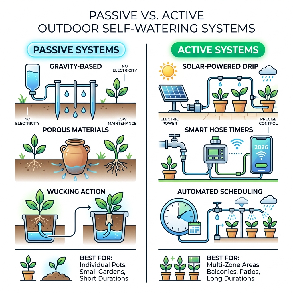 Passive vs active outdoor self-watering systems comparison infographic - best self watering for outdoor plants infographic 