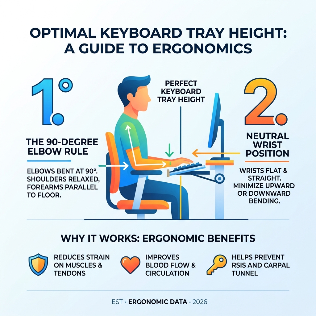 Infographic showing the 90-degree elbow rule and neutral wrist position for keyboard tray height setup - adjustable height Infographic showing the 90-degree elbow rule and neutral wrist position for keyboard tray height setup - adjustable height